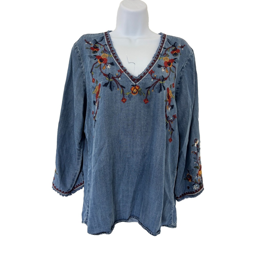 Reba Shirt Blouse Large Blue Chambray Floral Embroidered Western Country Boho